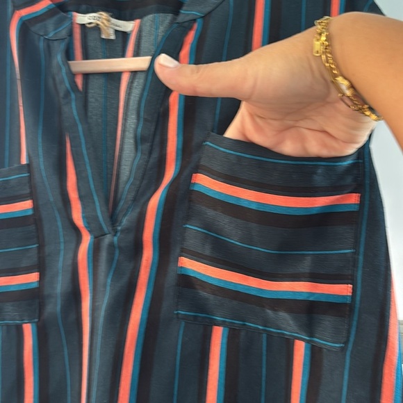 🎈4 LISTINGS FOR $20 Cozy Casual orange black teal striped blouse with pockets L - Picture 2 of 6